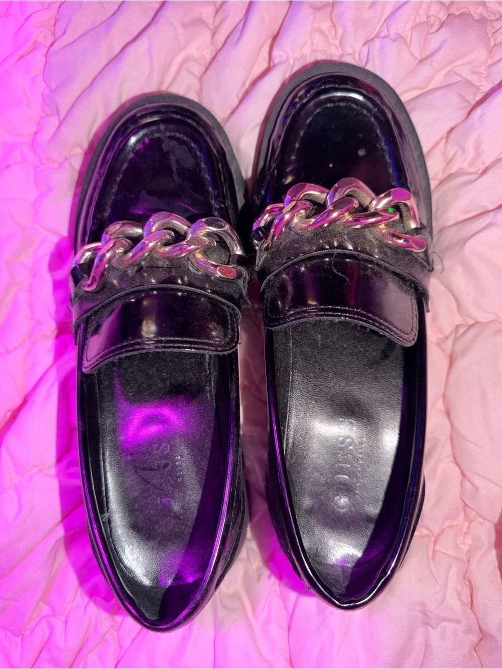 Guess Black Patent Loafers with Silver Chain Accent
